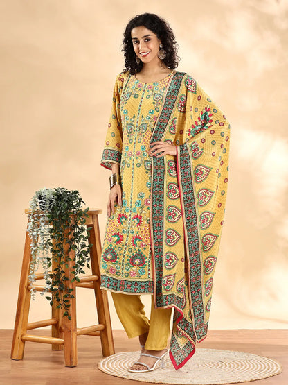 Yufta Yellow Silk Crepe Cutdana Work Straight Kurta Dupatta Pant Set