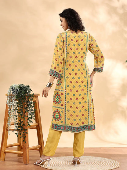 Yufta Yellow Silk Crepe Cutdana Work Straight Kurta Dupatta Pant Set
