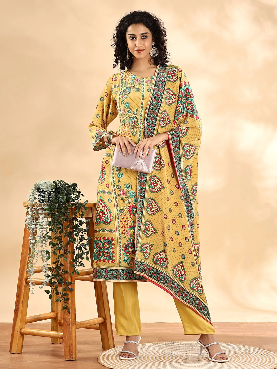 Yufta Yellow Silk Crepe Cutdana Work Straight Kurta Dupatta Pant Set