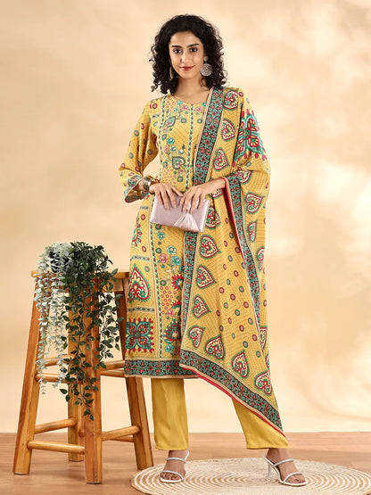 Yufta Yellow Silk Crepe Cutdana Work Straight Kurta Dupatta Pant Set