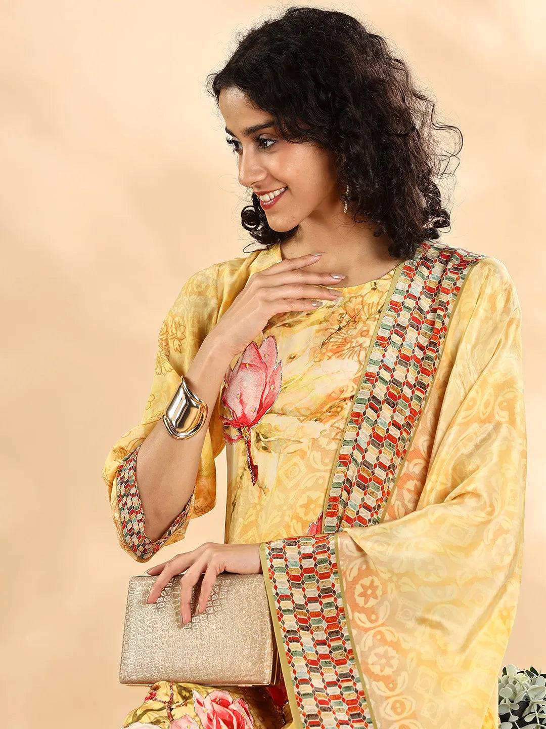 Yufta Yellow Silk Crepe Sequins Work Straight Kurta Dupatta Pant Set