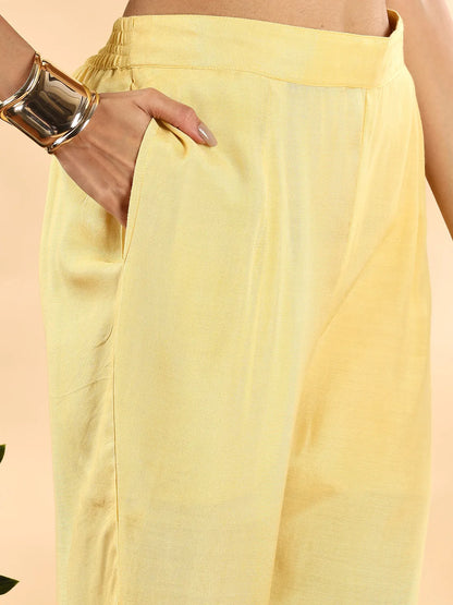 Yufta Yellow Silk Crepe Sequins Work Straight Kurta Dupatta Pant Set