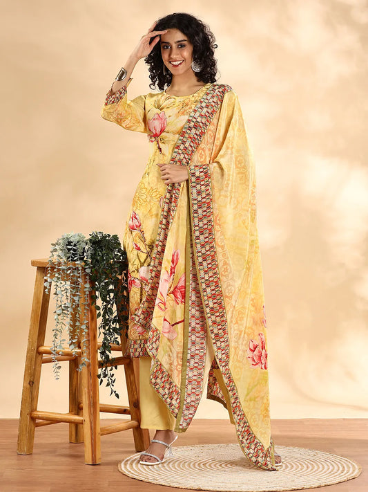 Yufta Yellow Silk Crepe Sequins Work Straight Kurta Dupatta Pant Set