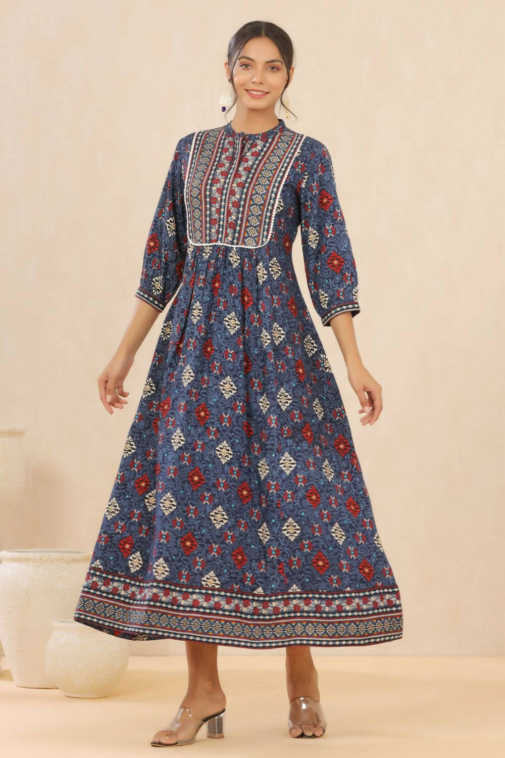 Juniper Womens Indigo Rayon Foil Printed Maxi Dress With Puff Sleeve