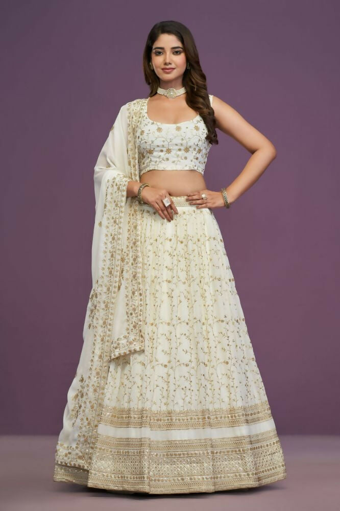 Zari Sequene Embroidery Wok Georgette White Lehenga Choli - Jihu Culture