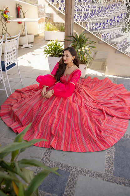 Wedding Designer Red Pink Chanderi Designer Lehenga - Anbazaar