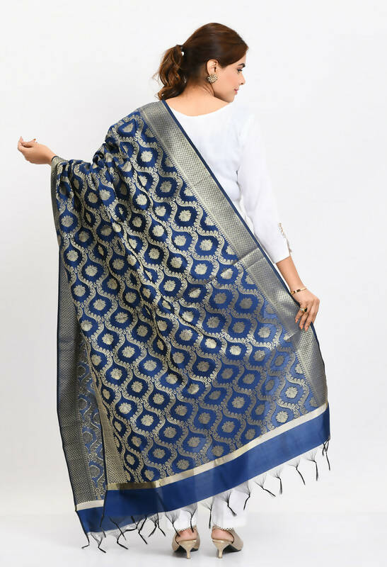 Mominos Fashion Moeza Women's Banarsi Silk All Over Woven Design Navy Blue Dupatta