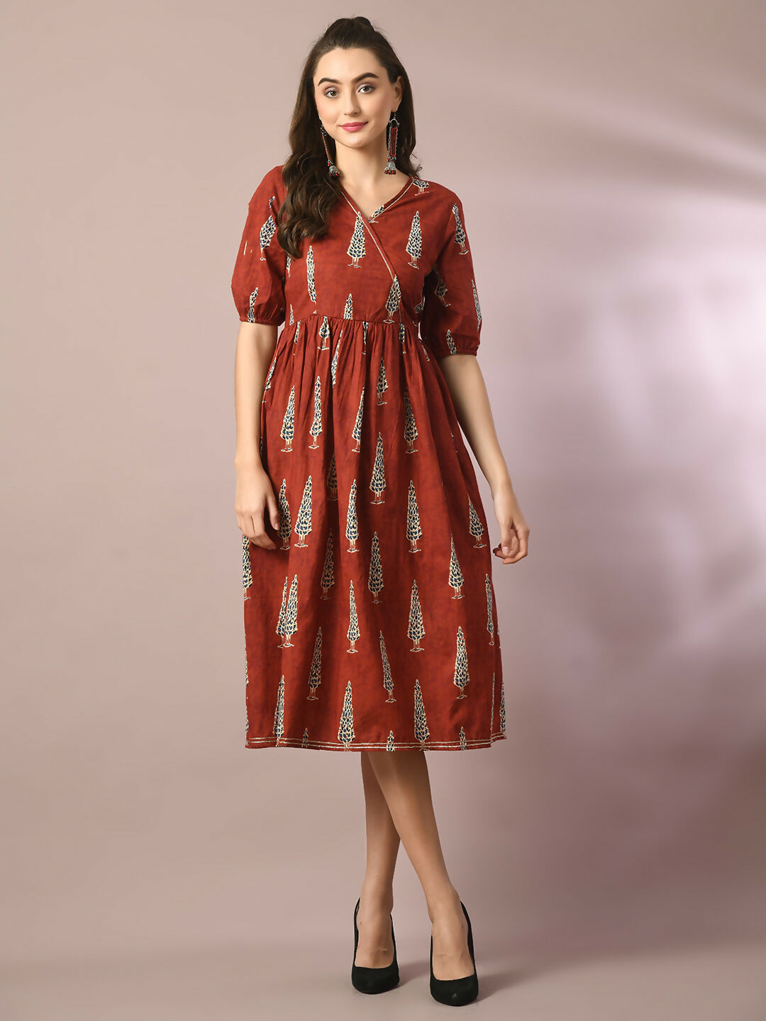 Myshka Women's Rust Printed Cotton V-Neck Empire Party Dress