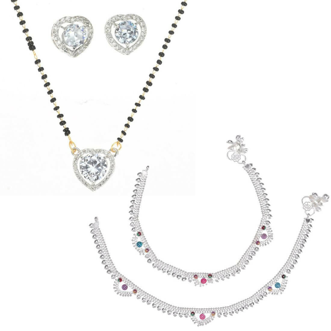 AanyaCentric Gold-Polished Mangalsutra Pendant Earring Set & Silver Plated Anklet
