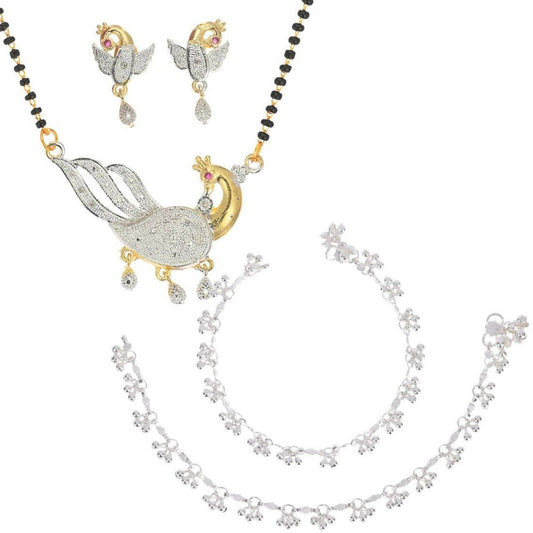 AanyaCentric Gold-Polished Mangalsutra Pendant Earring Set & Silver Plated Anklet