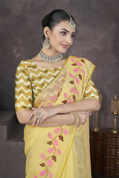 Vastranavya Gold Soft Crush Georgette Thread Embroidery work of Leaf Pattern with Patched Lace Border Saree