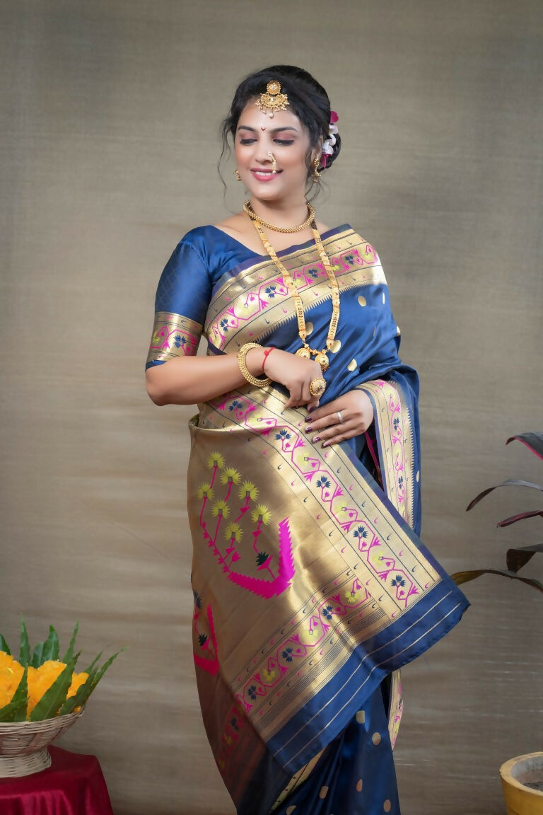Jyoti Fashion Women's Blue Paithani Silk Zari Woven Saree with Blouse