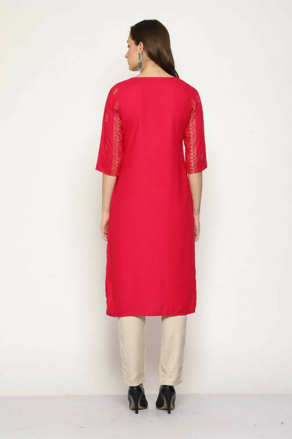 Maai Rayon Hand Printed Kurta Red