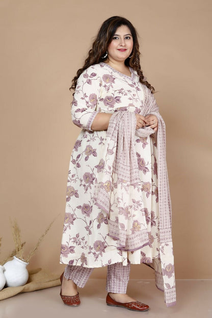 Miravan Women's Plus Size Pink Floral Print Anarkali Kurta With Palazzo & Dupatta Set