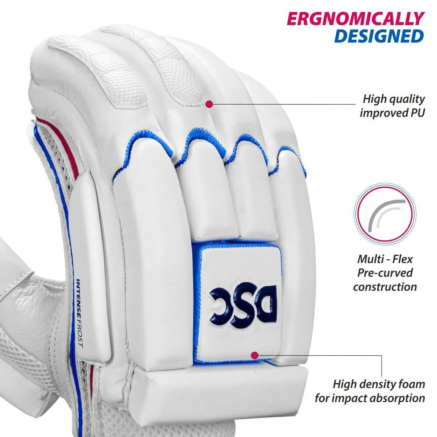 DSC Intense Frost Leather Cricket Batting Gloves for Mens - Right Hand, White, One Size