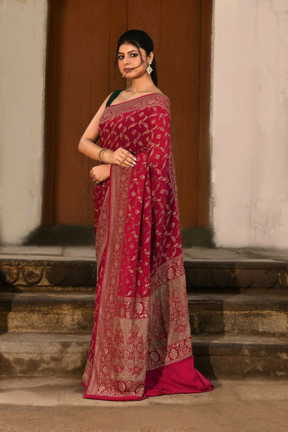 Joban Fashion Hot Pink Crepe Chiffon Banarasi Pure Handloom Banarasi Silk Saree