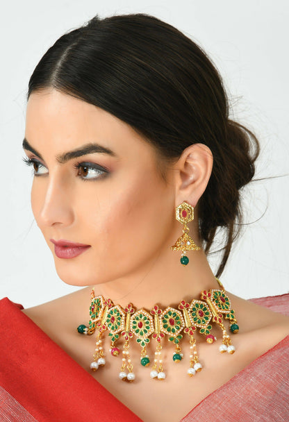 Mominos Fashion Johar Kamal Women Gold-Polished Brass Finish Meena & Pearls Work Choker