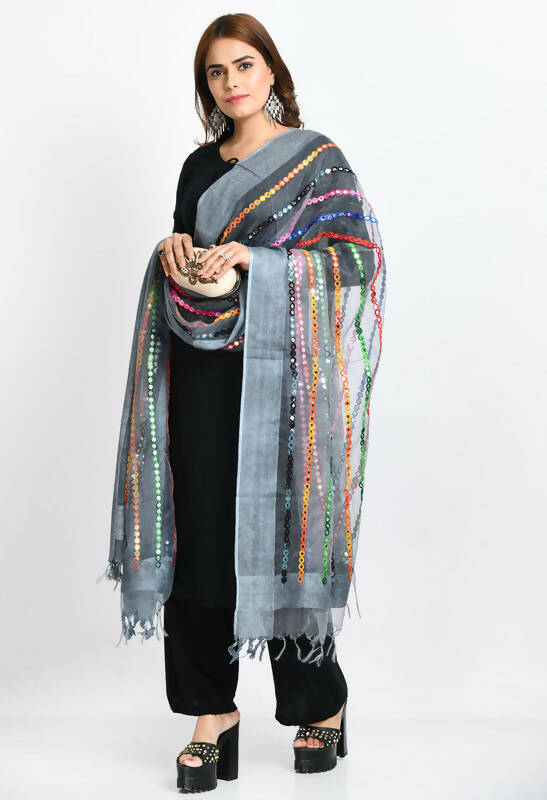 Mominos Fashion Moeza Women's Orgenza Multi Thread Mirror Work Grey Dupatta