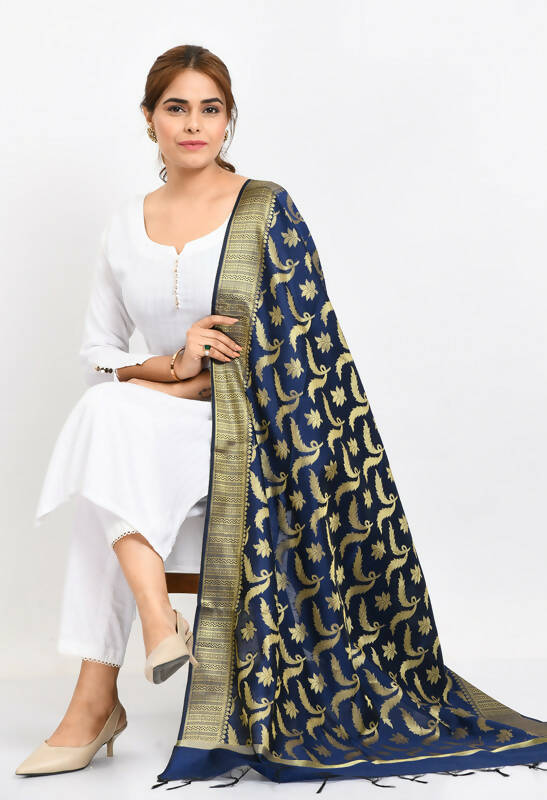 Mominos Fashion Moeza Women's Banarsi Silk Floral Woven Design Navy Blue Dupatta