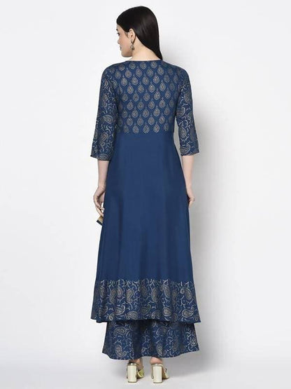 Indian Clothing Aniyah Rayon Blue Color Foil Print Angrakha Anarkali Kurta (AN-208K)