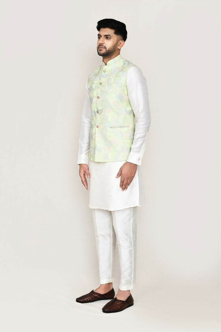 Joban Fashion White Colored Art Silk Fabric Kurta, Jacket With Straight Fit Pant