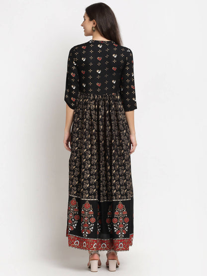 Rudra Bazaar Floral Printed A-Line Flared Black Kurti