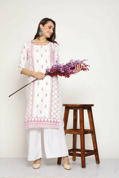 Maai Rayon Hand Printed Kurta Off-White