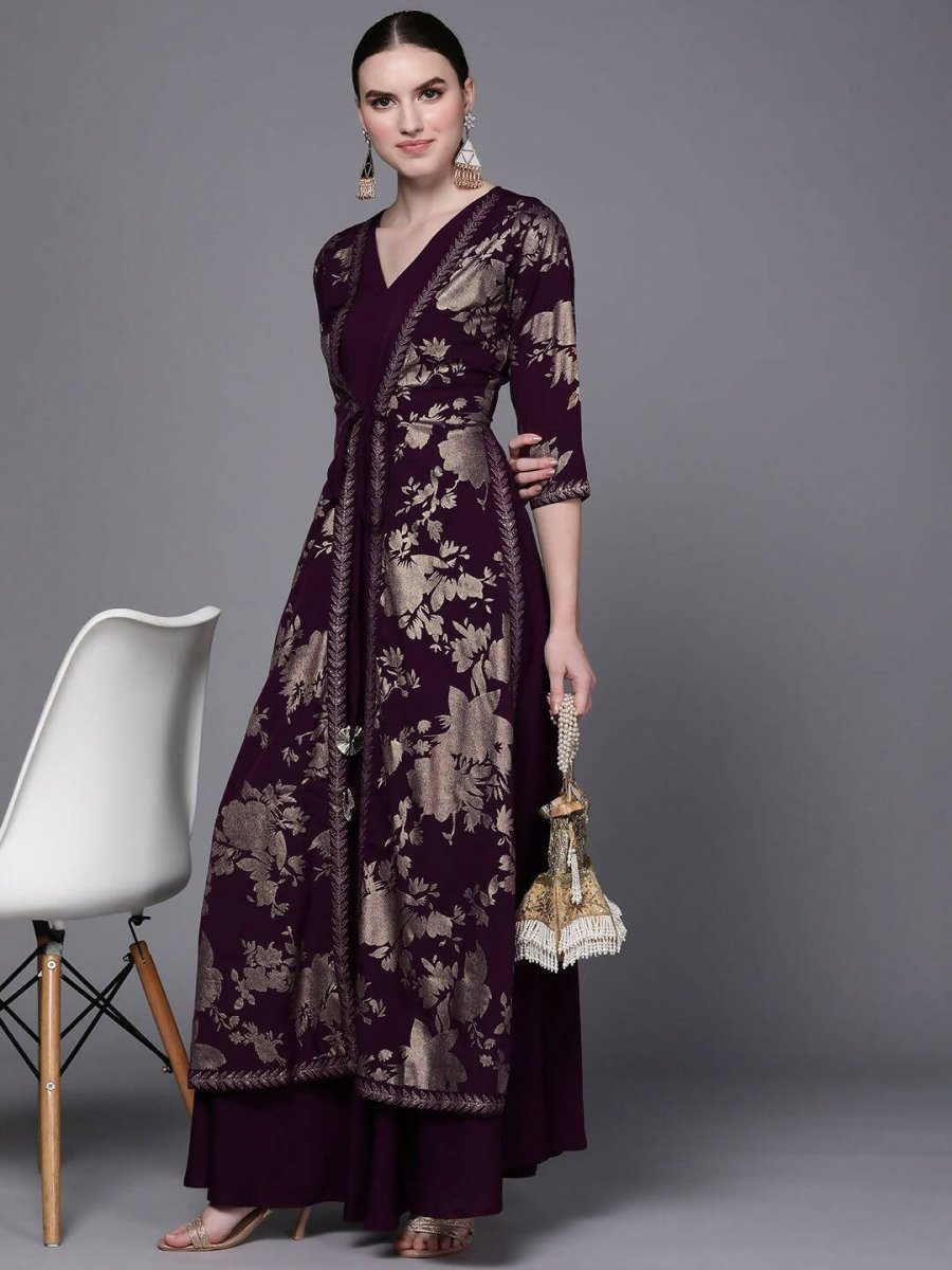 Ahalyaa Women Burgundy Floral Fit & Flare Maxi Ethnic Dress