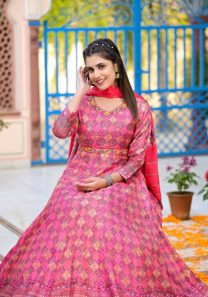Functional Designer Dark Pink Dola Silk Anarkali suit with Dupatta - Ramya