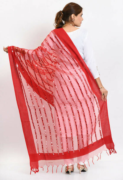 Mominos Fashion Moeza Women's Orgenza Mirror Stripe Thread Work Red Dupatta