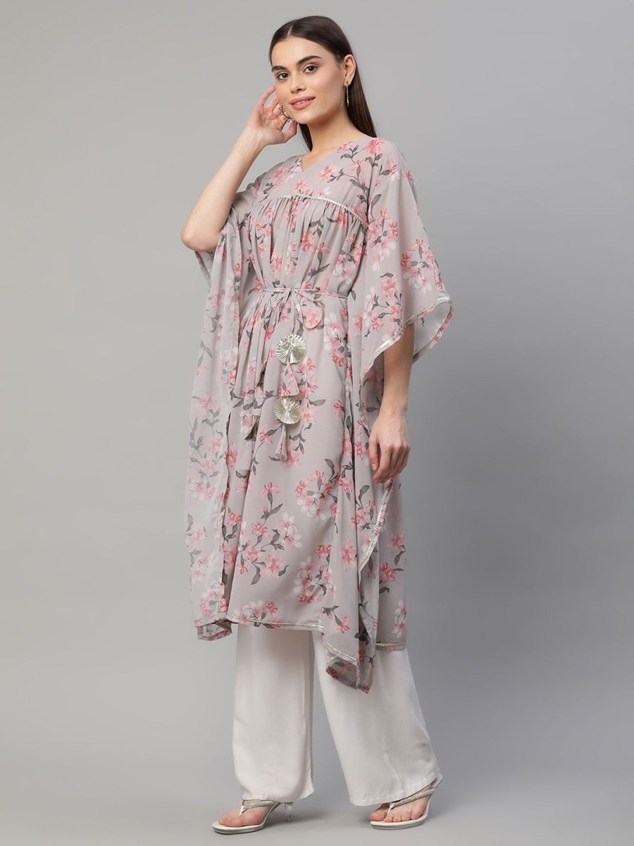 Ahalyaa Women Grey Georgette Floral Printed Kaftan Kurta