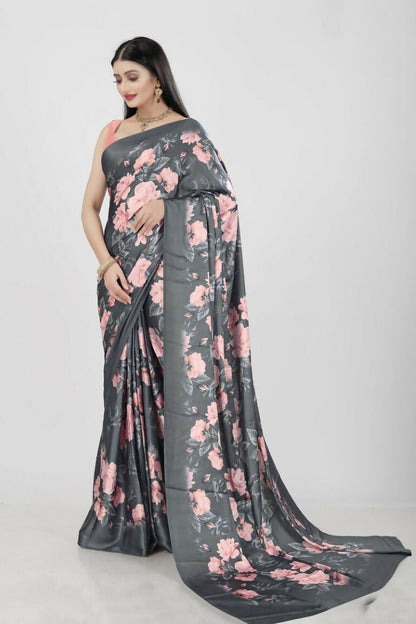 Aayaa Designer Printed Satin Saree - Multi Color