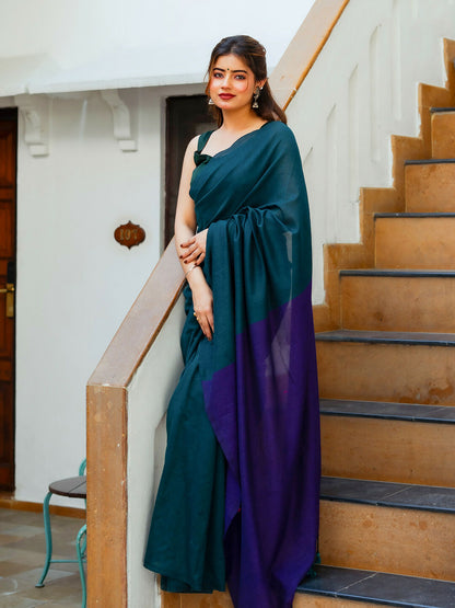 Zibaa Hand-Dyed Mul Cotton Peacock Green Saree with Tassels