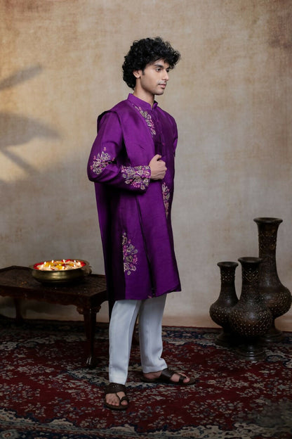 Falling Raw Silk Purple Mayura Cham Set By Hilo Design
