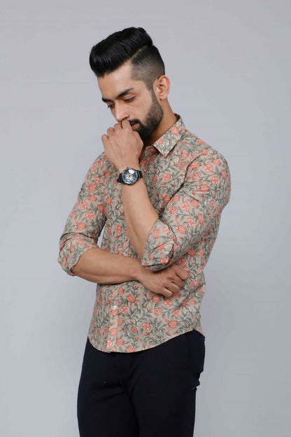Miravan Men's Beige Comfort Floral Printed Casual Shirt