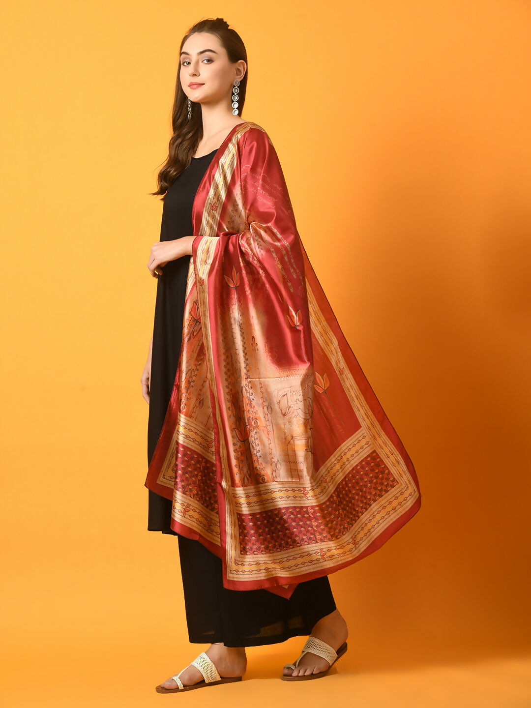 Myshka Women's Black Solid Anarkali Party Kurta Set With Printed Dupatta