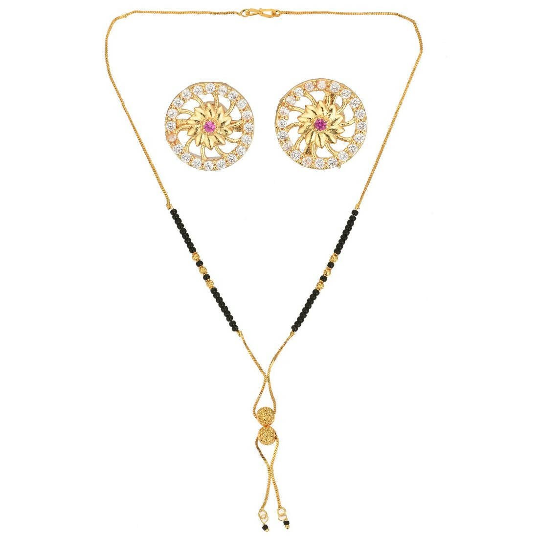AanyaCentric Gold-Polished Short Mangalsutra Set with Earrings