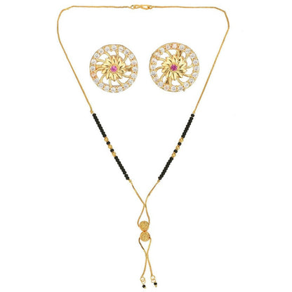 AanyaCentric Gold-Polished Short Mangalsutra Set with Earrings