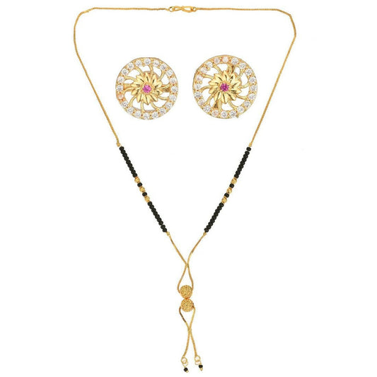 AanyaCentric Gold-Polished Short Mangalsutra Set with Earrings