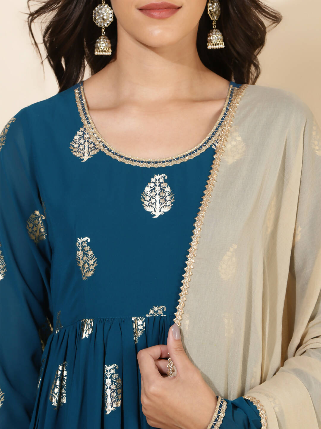Janasya Women's Teal Blue Georgette Foil Printed Festive Flared Kurta Set