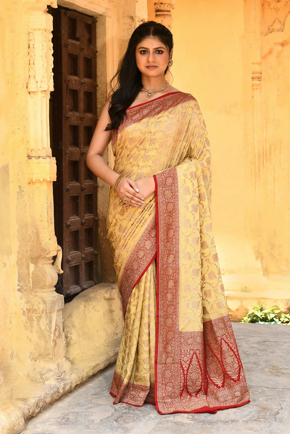 Joban Fashion Yellow Crepe Chiffon Pure Handloom Banarasi Silk Saree