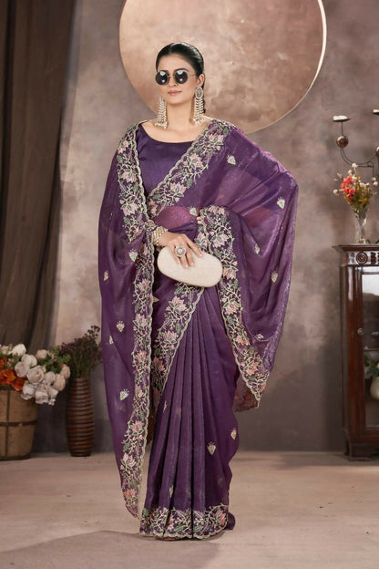 Vastranavya Gold Crunchy Multi Colour Threads Embroidery Work with Sequins Work Saree with Blouse material - Purple
