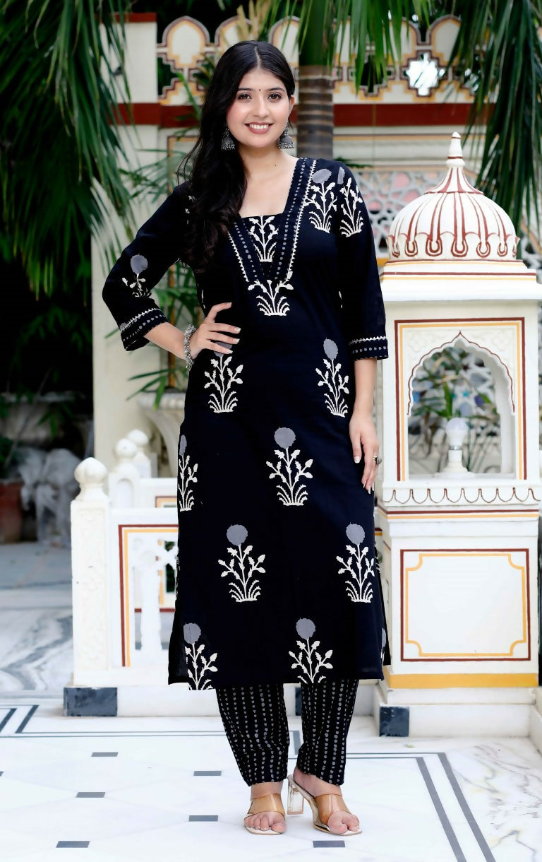 Miravan Women's Cotton Gota Patti Black Floral Printed Straight Kurta Palazzo Set