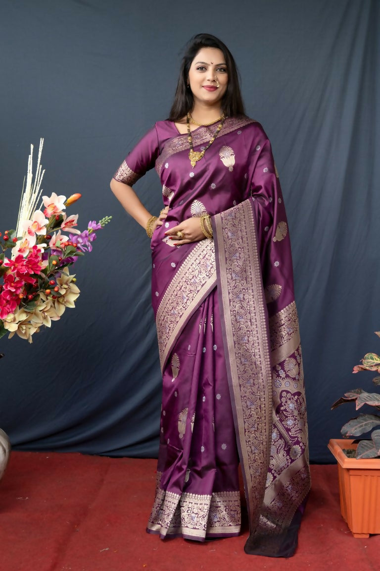 Jyoti Fashion Women's Wine Paithani Silk Zari Woven Saree with Blouse