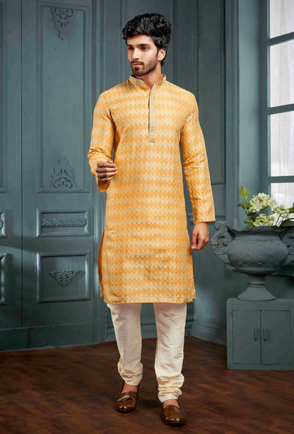 Joban Fashion Men's Yellow Poly Jacquard Kurta Pajama