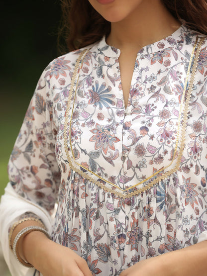Janasya White Georgette Floral Kurta,Bottom & Dupatta