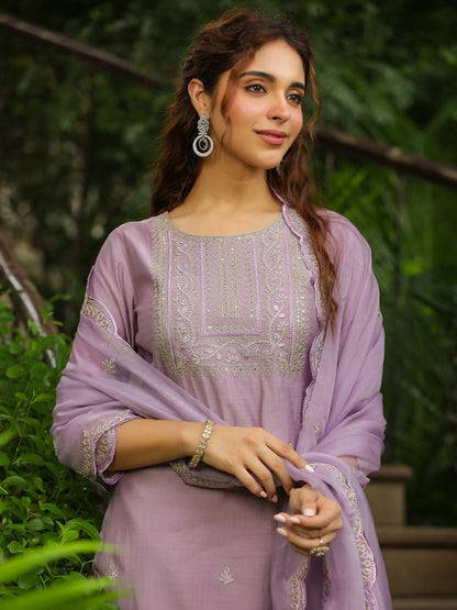 Janasya Lavender Silk Blend Solid Kurta,Bottom & Dupatta
