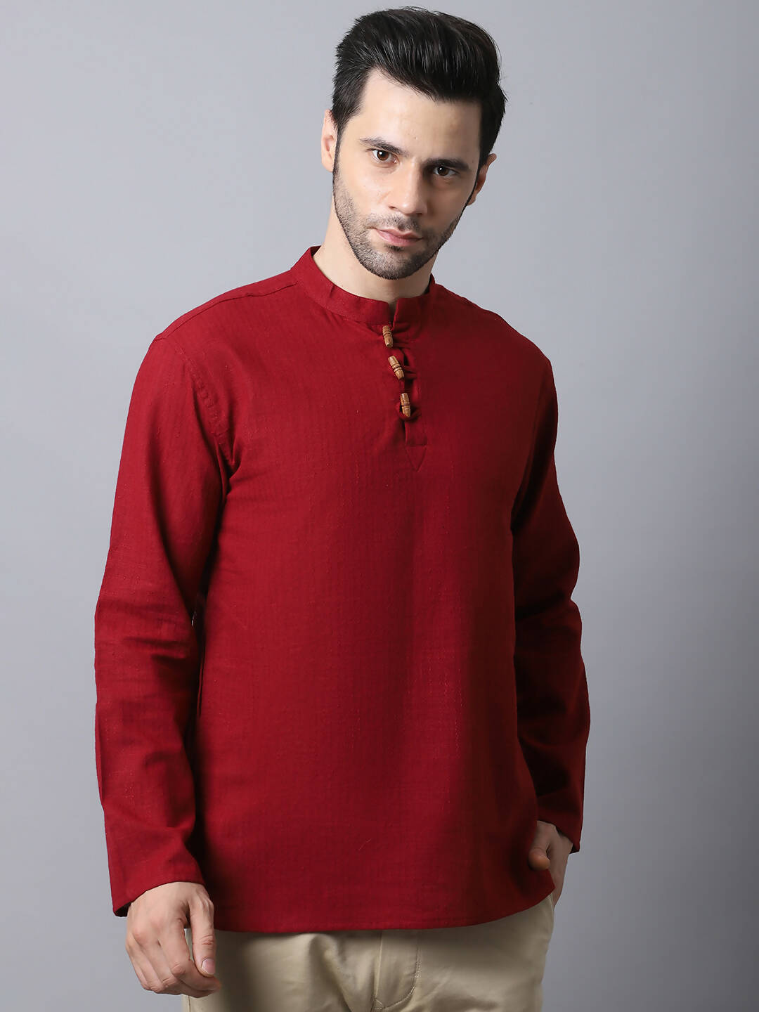 Even Apparels Maroon Pure Cotton Men's Kurta With Band Collar