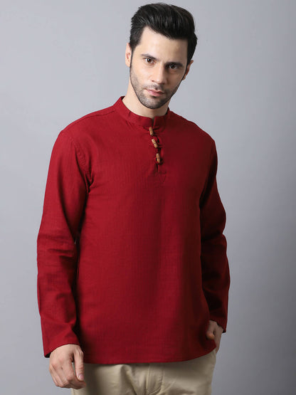 Even Apparels Maroon Pure Cotton Men's Kurta With Band Collar