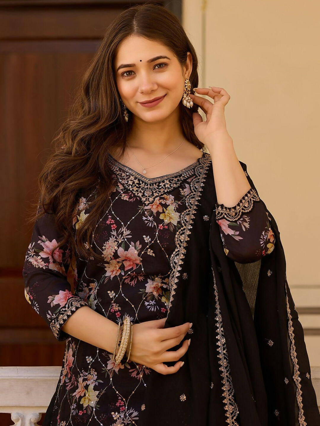 The52 Black Women's Gorgeous Embroidered Chinon Fabric Straight Kurta Palazzo and Dupatta Set